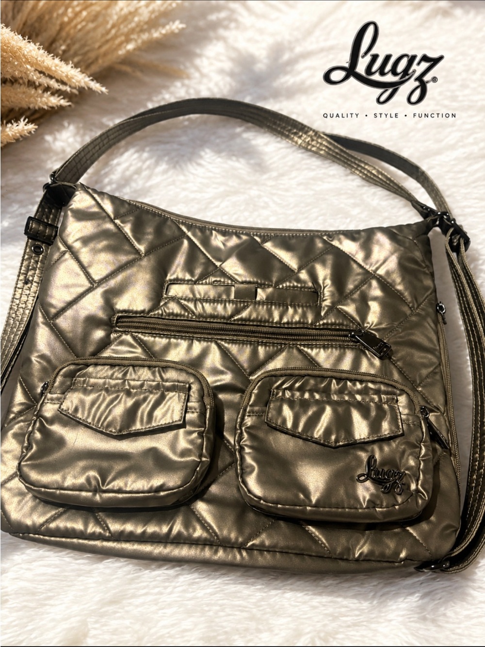 Lug Metallic Gold Quilted Shoulder Bag Purse Large Multi Pocket NWOT